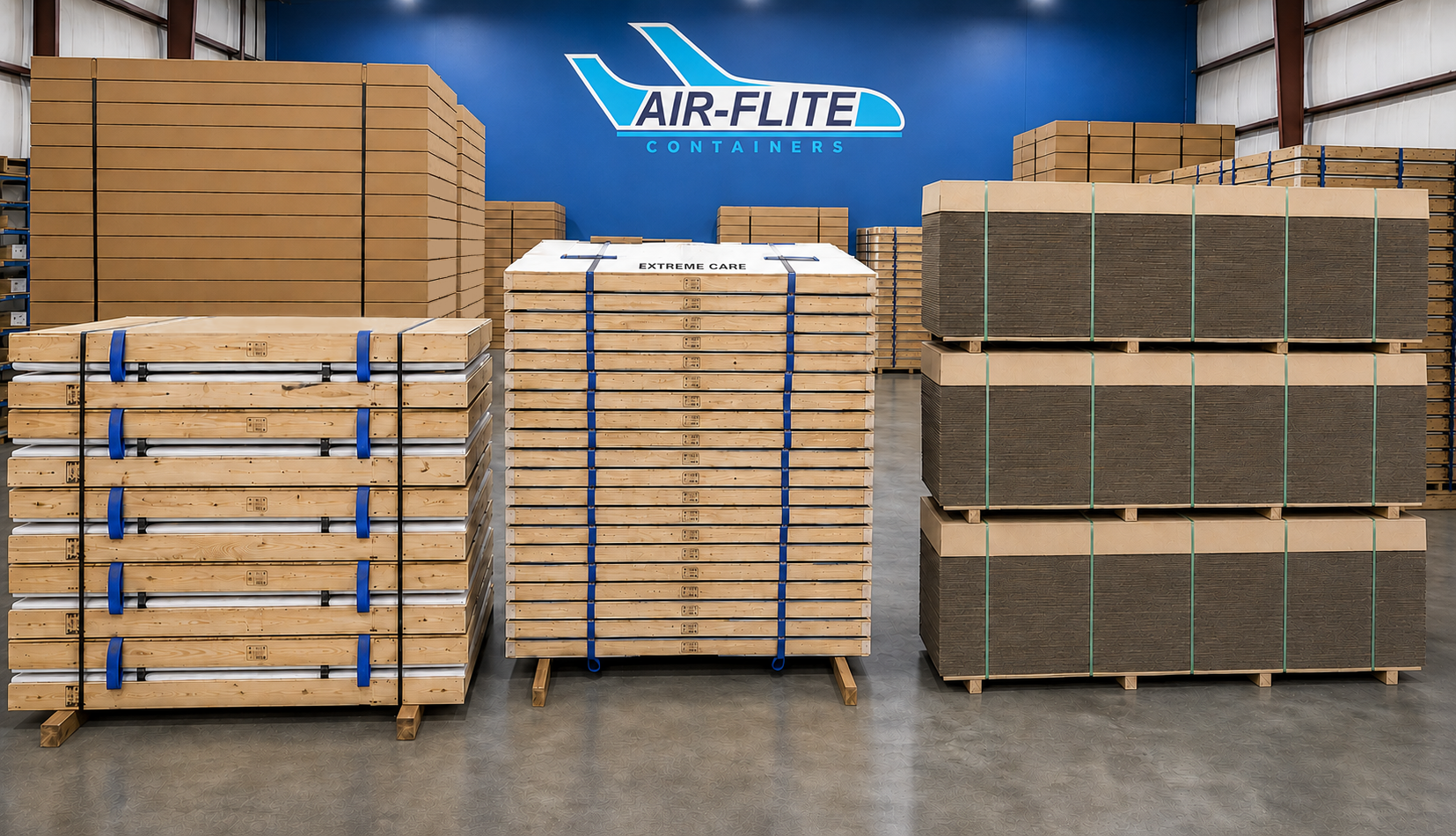 Air-Flite warehouse inventory of stacked air trays and shipping containers